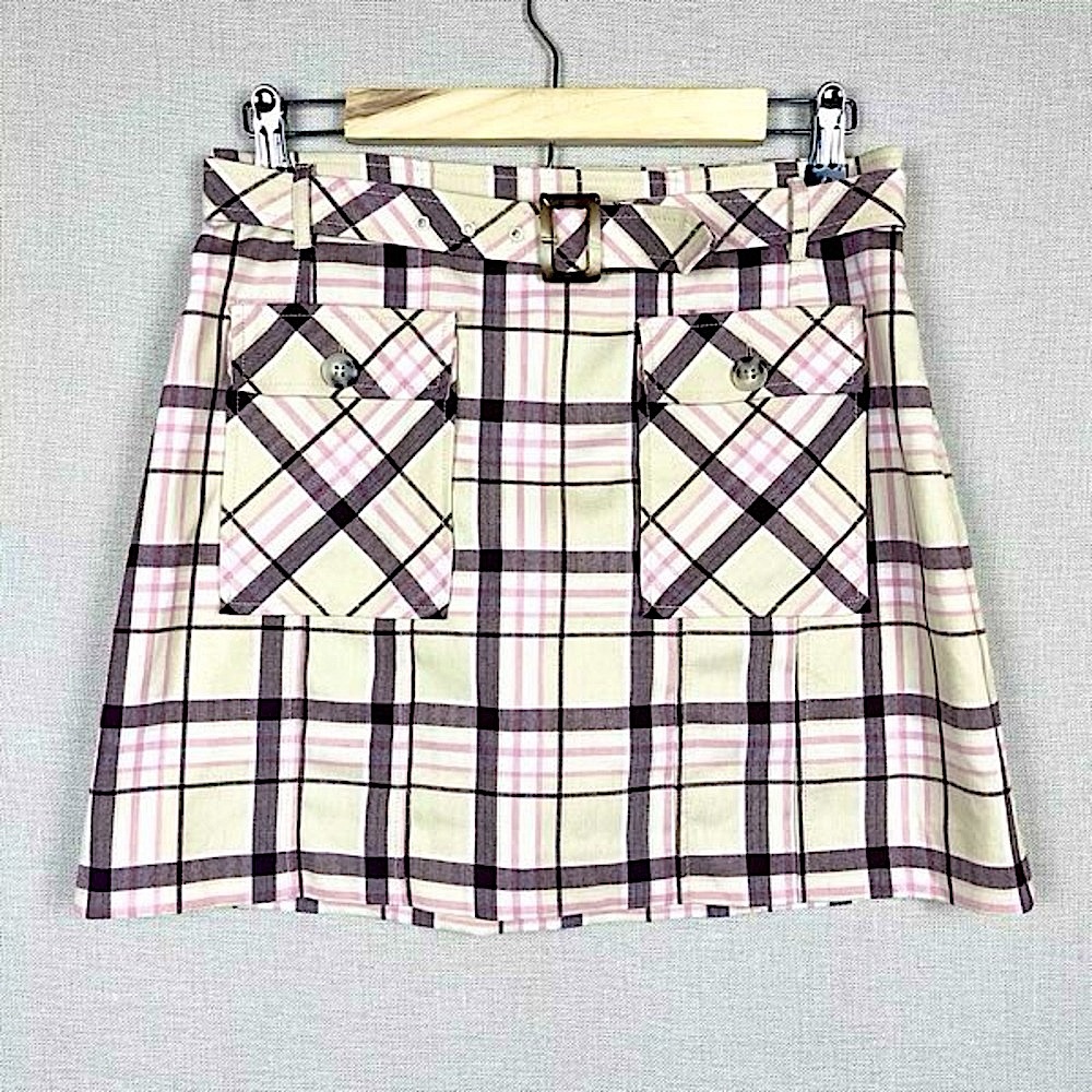 Free People Belted Mini Skirt with Pockets - Size 2 - Tan/Beige & Pink Plaid